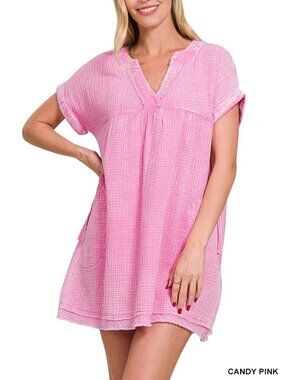 Zenana Candy Pink Washed Double Gauze Raw Edge V-neck Dress